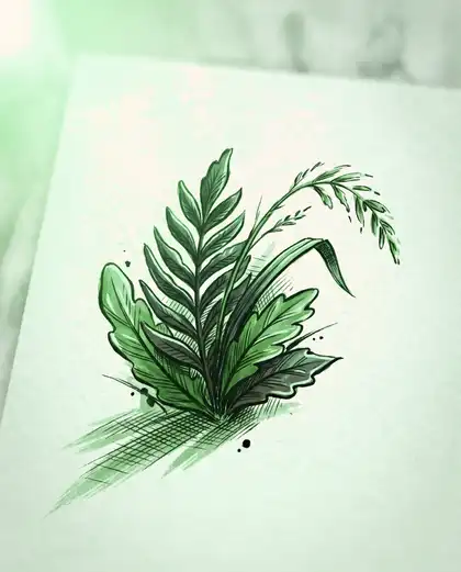 An illustration of a single grass sprig and a small leaf cluster, centred against a softly blurred cream background.