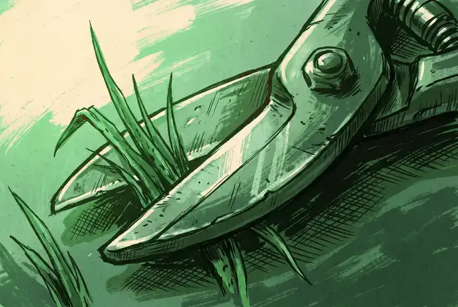 An illustration of the cutting edge of an unbranded garden trimmer blade, resting among freshly cut grass clippings.